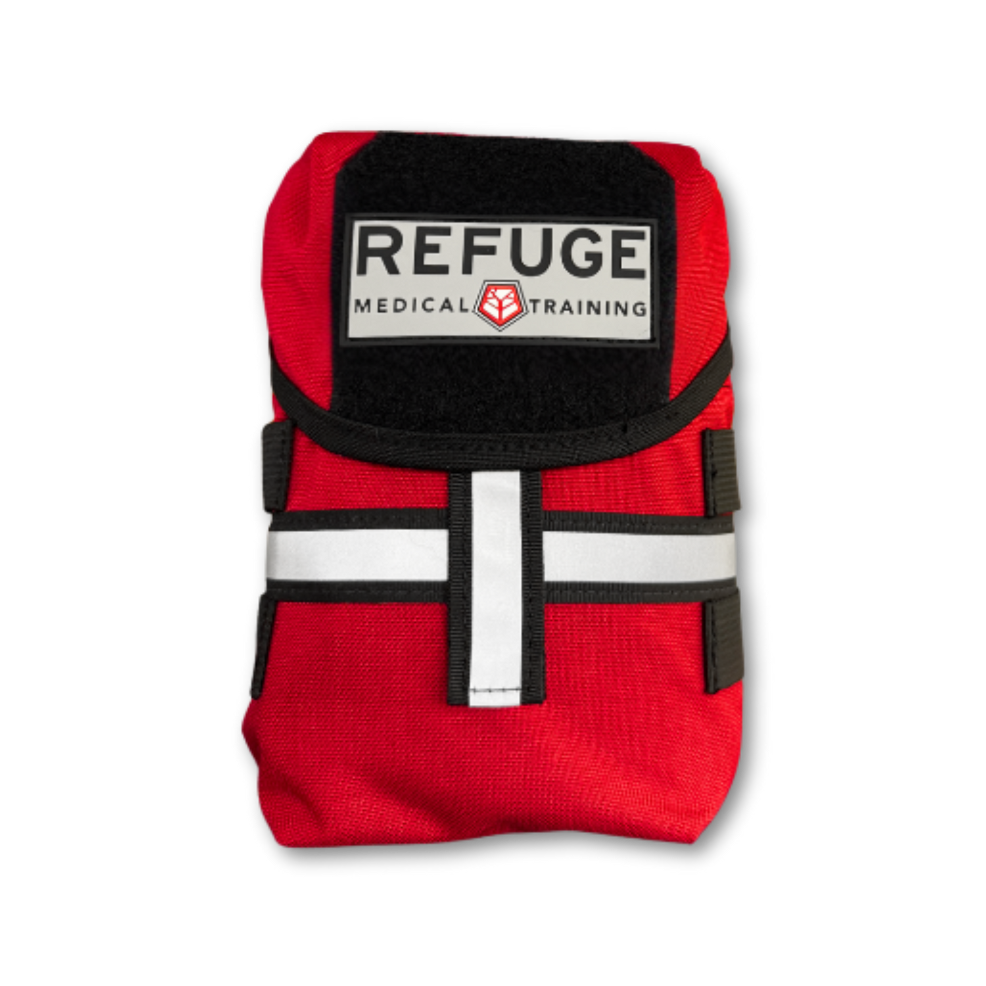 Refuge Medical BearFAK First Aid Kit - Red MOLLE-compatible pouch with reflective strip and Refuge Medical grey patch
