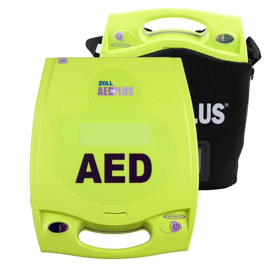 A green Zoll AED (Automated External Defibrillator) device with its carrying case, prominently displaying the 'AED' label.