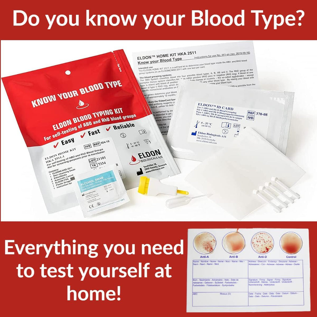 Packaging and contents of an Eldon Blood Typing Kit, including test cards, dropper, test tubes, and instructions.