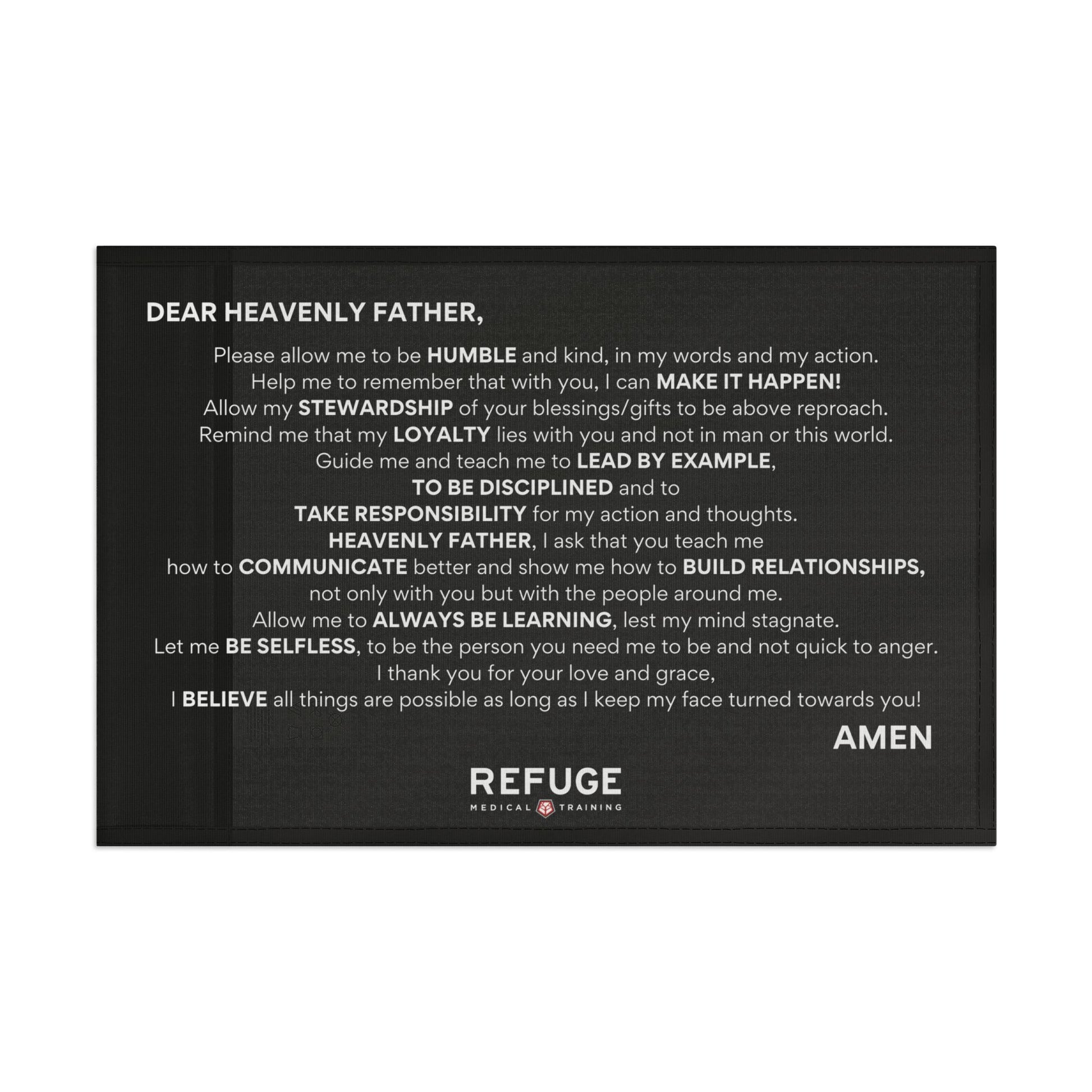 18" x 12" Refuge Core Values Prayer flag - black with white text