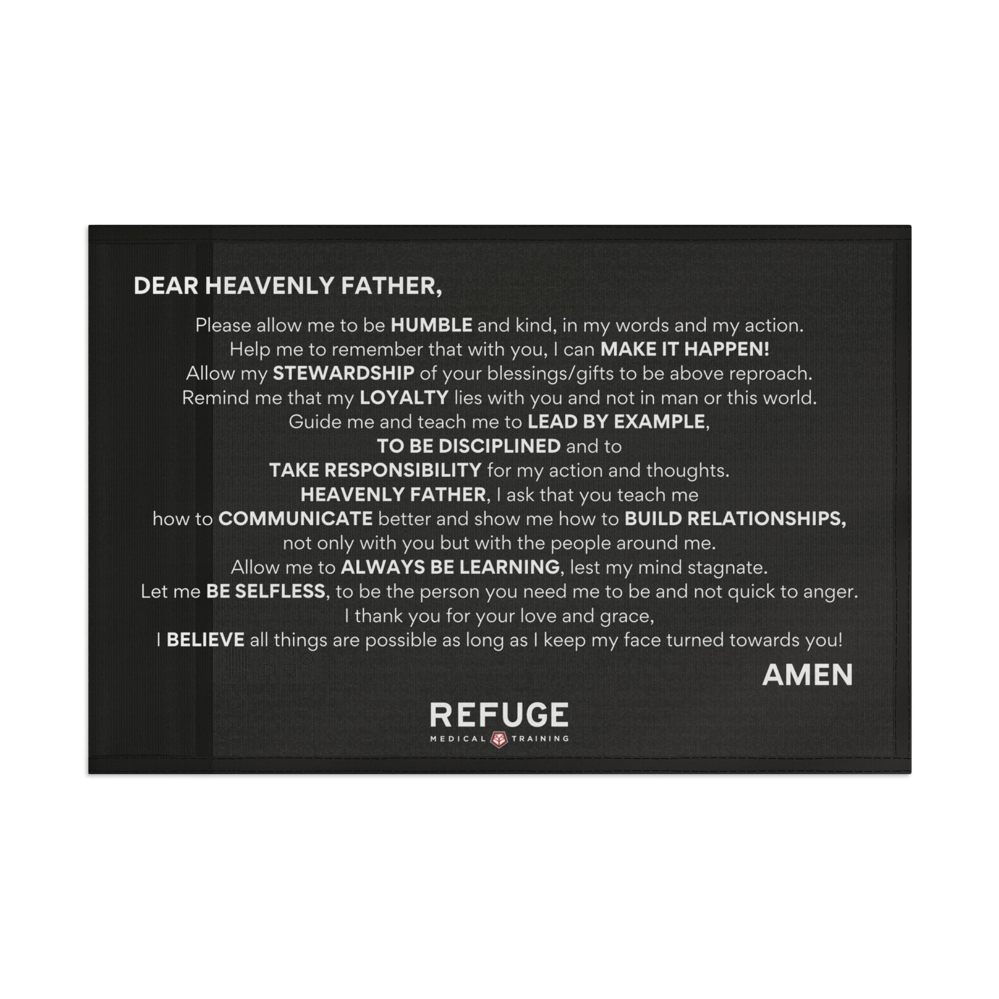 18" x 12" Refuge Core Values Prayer flag - black with white text