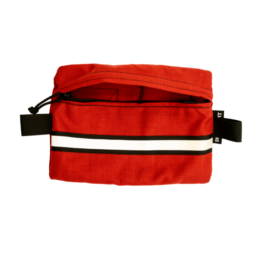 Refuge Medical Boo Boo First Aid Kit - Red, Zipper pouch open (empty)