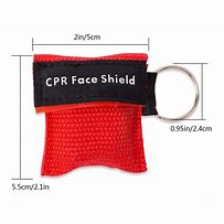 A red CPR face shield keychain with dimensions marked as 20mm by 20mm, and a keyring attachment.