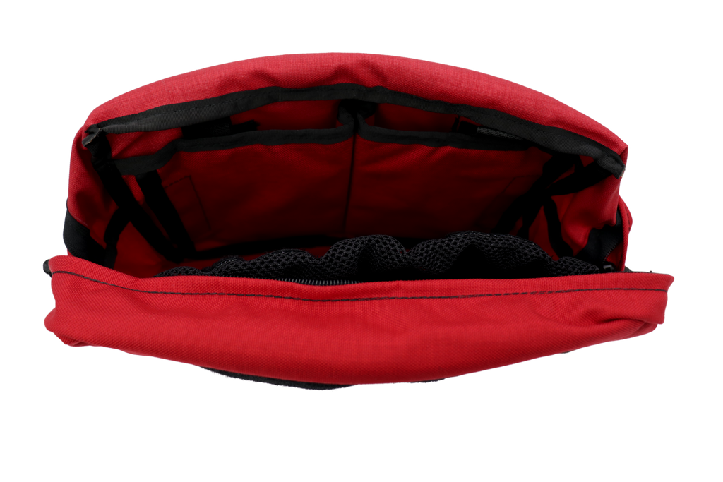 Refuge Medical Adventure Bag - red, top view, open (empty)